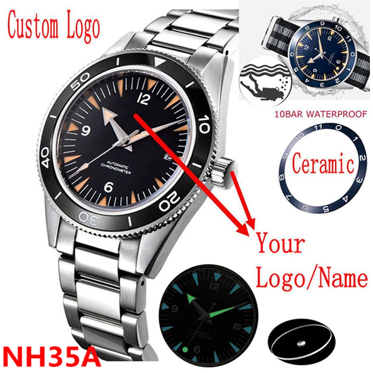Watch Bezel Insert - Logotipo personalizado nh35 movimento relógio 10